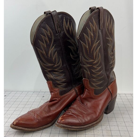 Vintage Dan Post Western Cowboy Boots Leather Sole Men's Size 8 Brown & Tan - Picture 4 of 14
